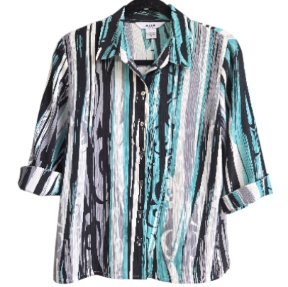 ALIA Petites Button Front Blouse 3/4 Sleeve Abstract Print Size 6P